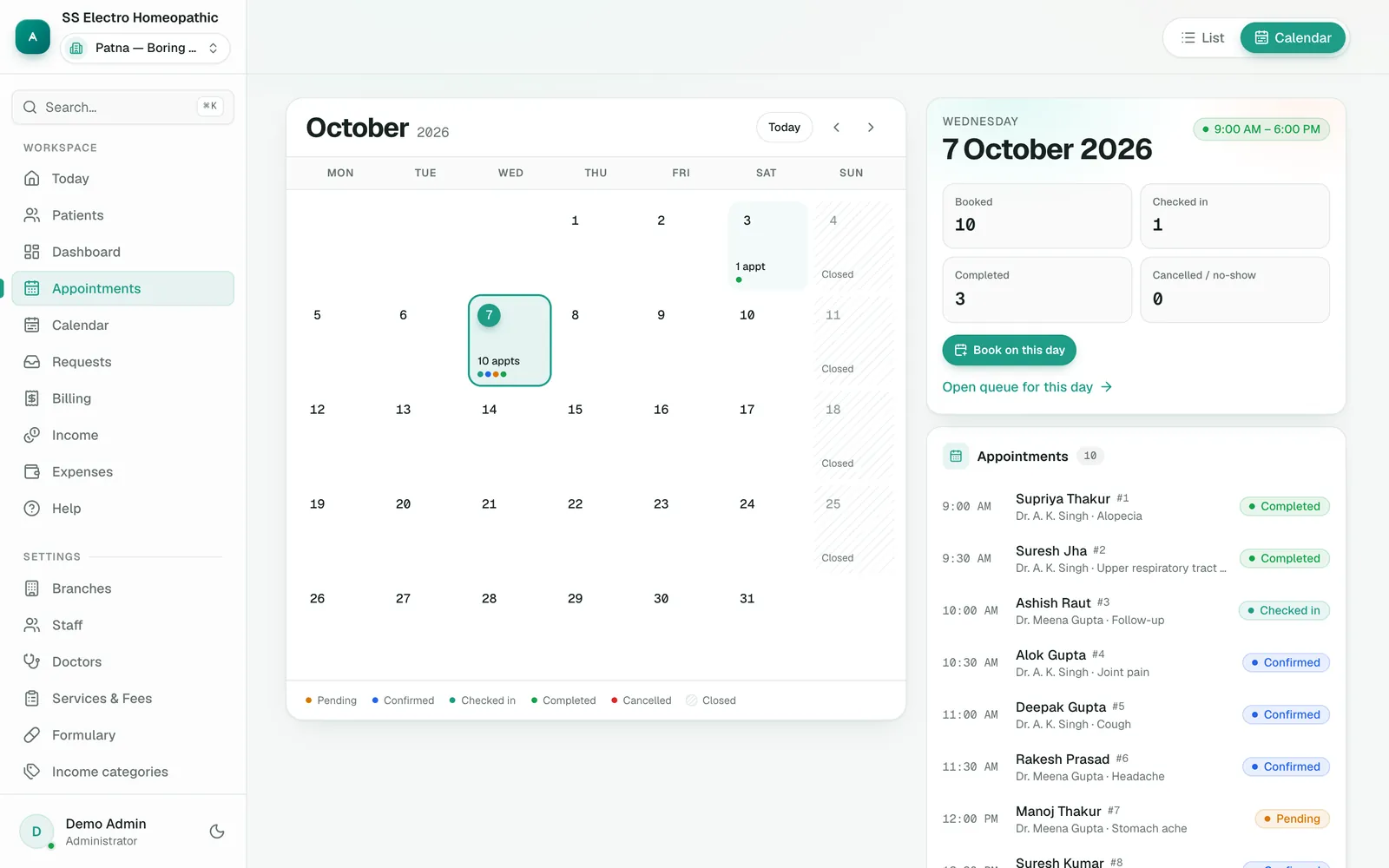 Appointments calendar by doctor