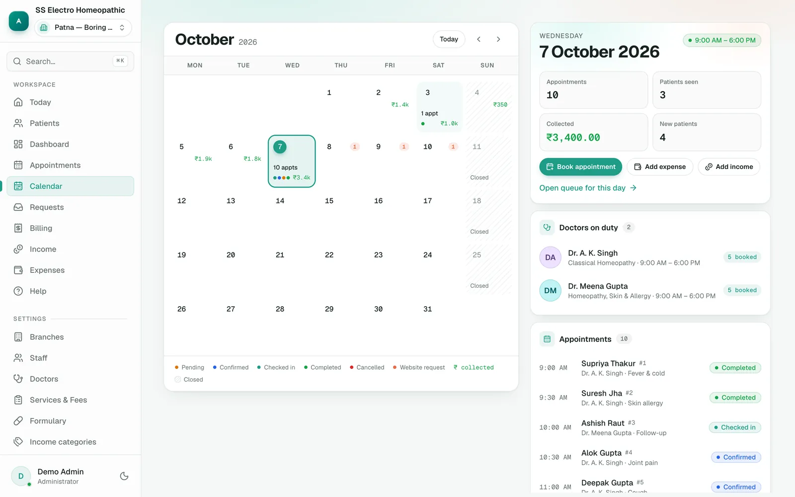 Clinic calendar showing appointments, collections and a day panel