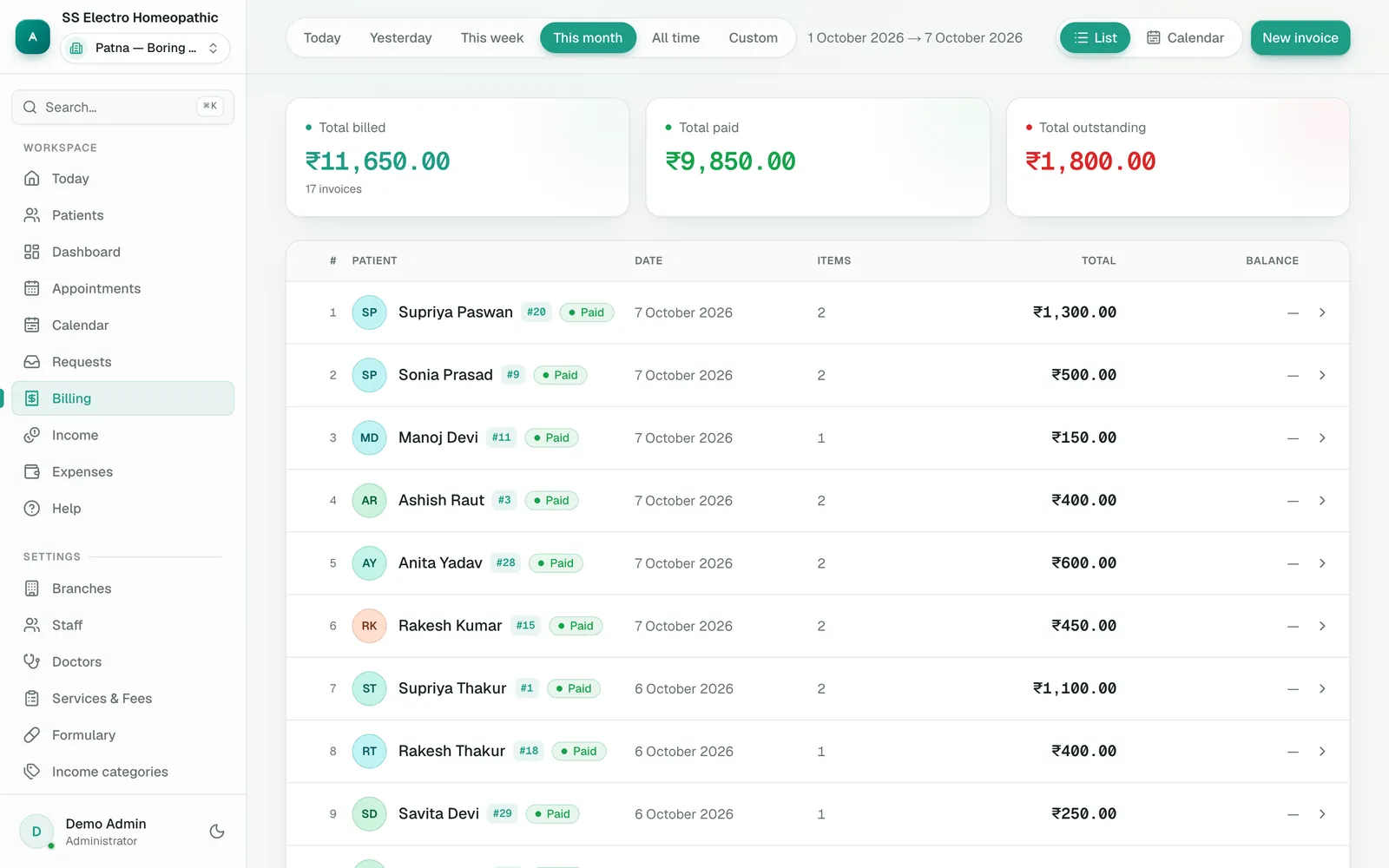 Invoices list with paid, part paid and unpaid status